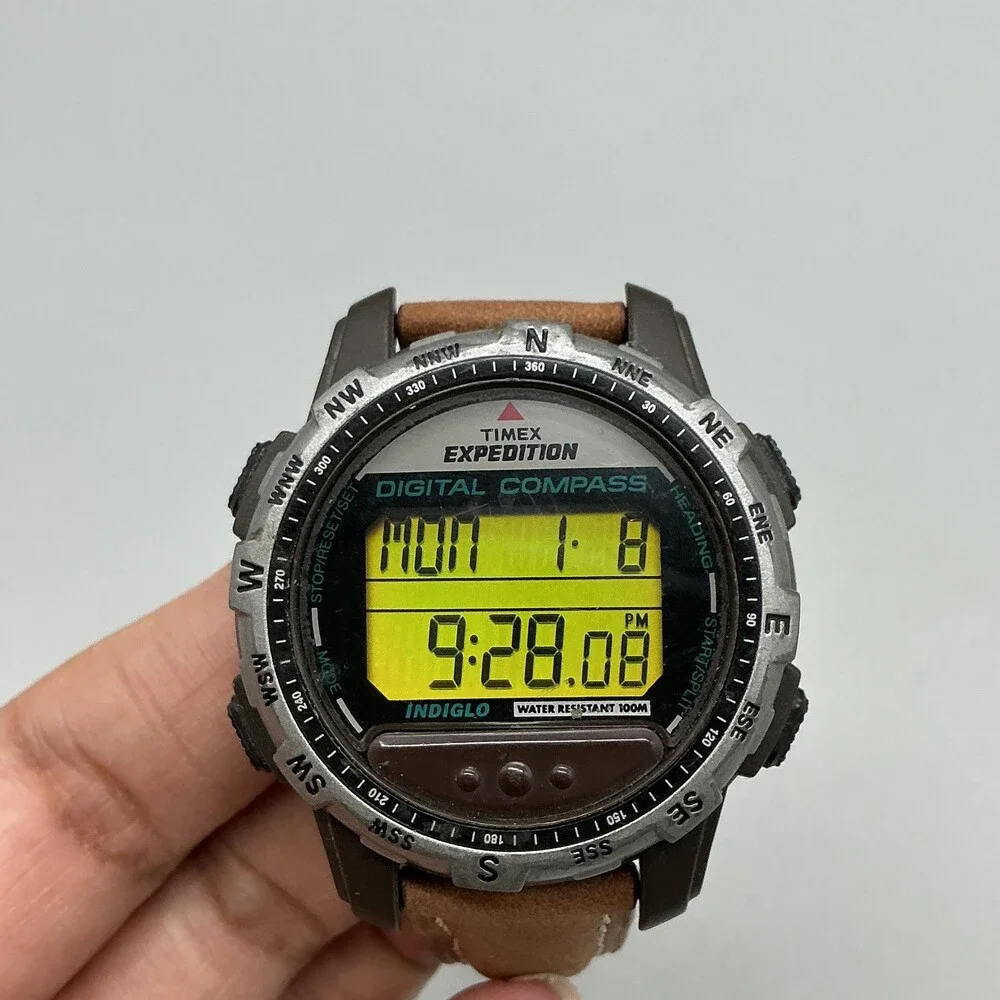 Timex Expedition Mens Watch 42mm Green Digital Brown Leather Compass New Battery